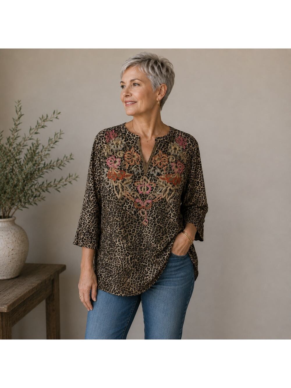 Chico's Brown Floral Embroidered Split V Long Sleeve Top 1